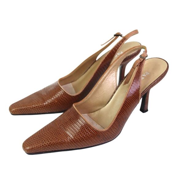 Pancaldi BROWN REAL LEATHER SNAKE MID HEEL POINTED BUCKLE SLINGBACK SHOES Sz 8B - Picture 4 of 12